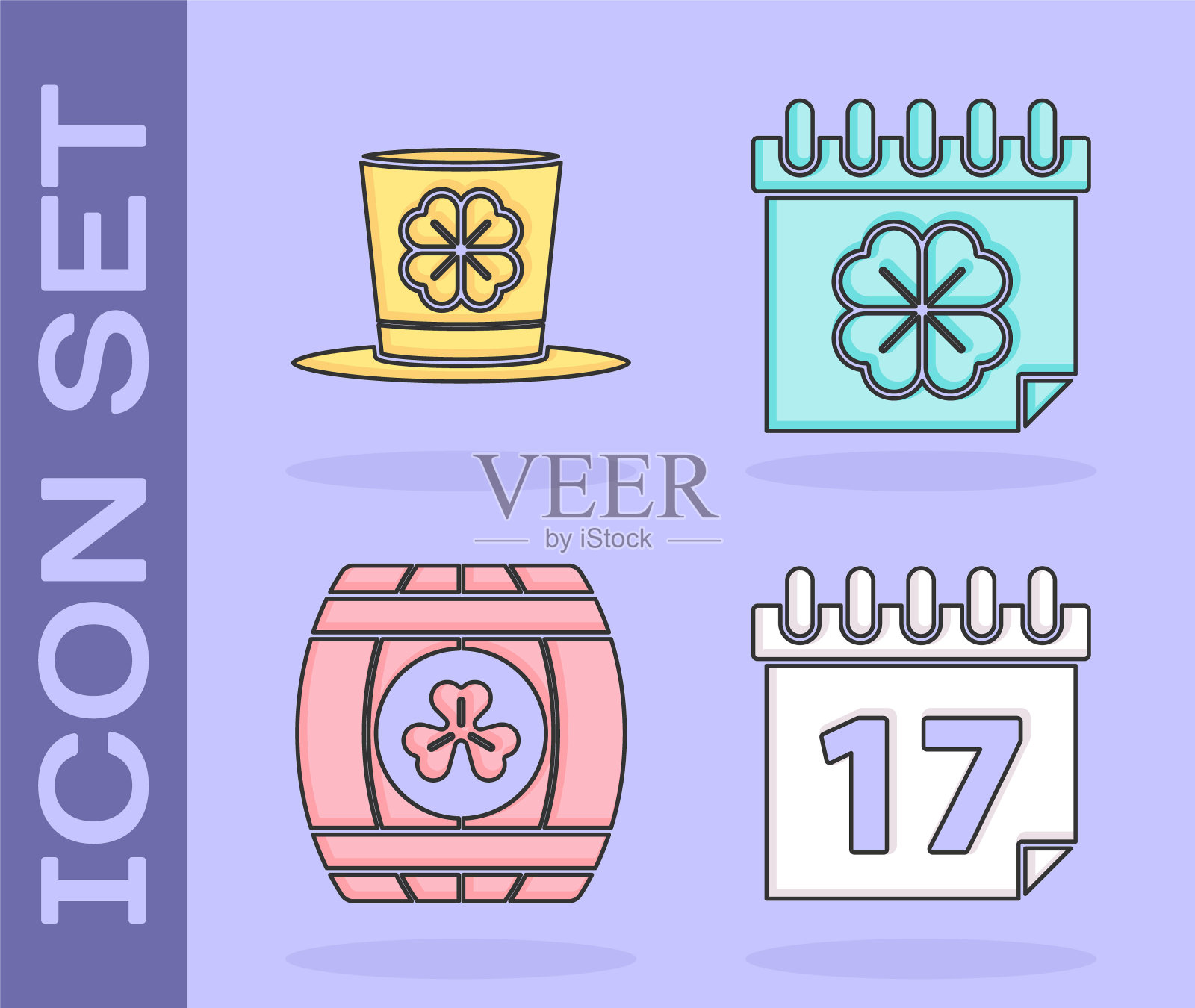 设定圣帕特里克日与日历，妖精帽和四叶草，木桶与四叶草和圣帕特里克日与日历图标。向量插画图片素材