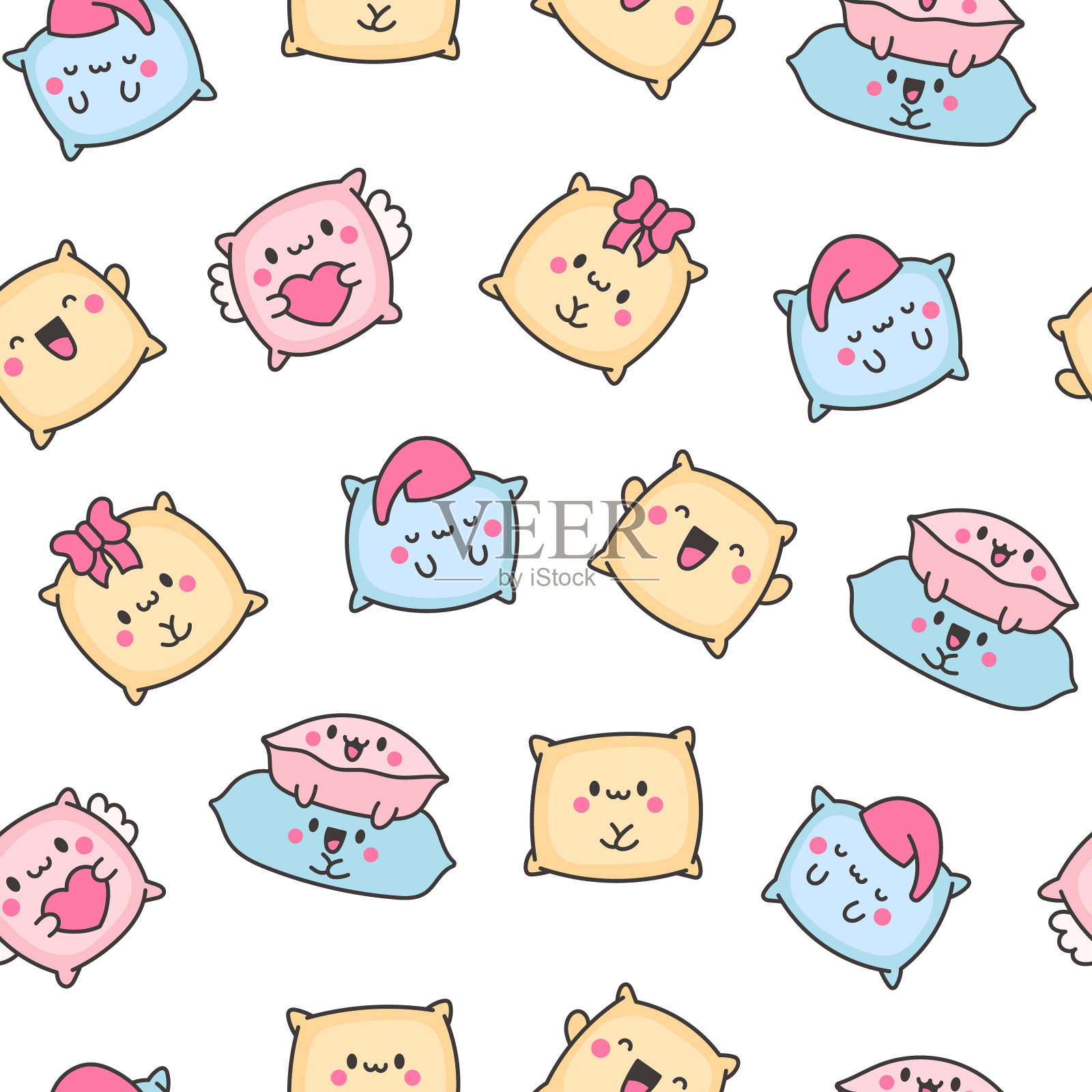 卡哇伊枕头和可爱的脸。无缝模式。卡通快乐人物。手绘风格。矢量图。设计的饰品。插画图片素材