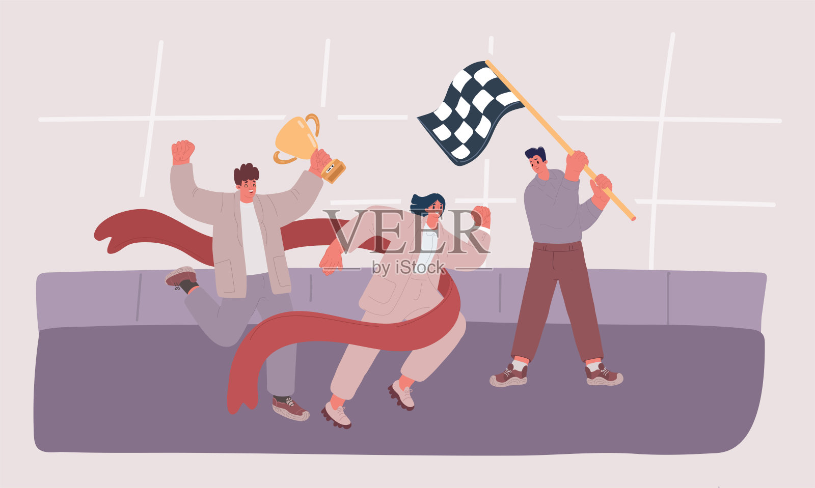 矢量插图快乐的办公室工作人员或职员越过终点线和撕裂红丝带。人们参与职业竞争的概念，工作上的竞争插画图片素材