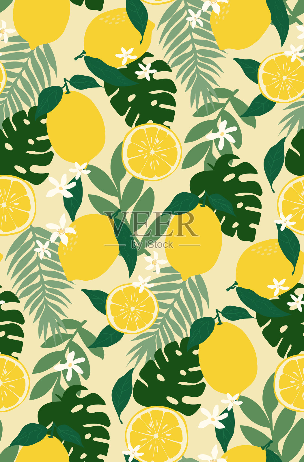 柑橘类水果与热带丛林树叶无缝衔接。复古的柠檬与棕榈和怪物叶设计织物印花。矢量插图。插画图片素材