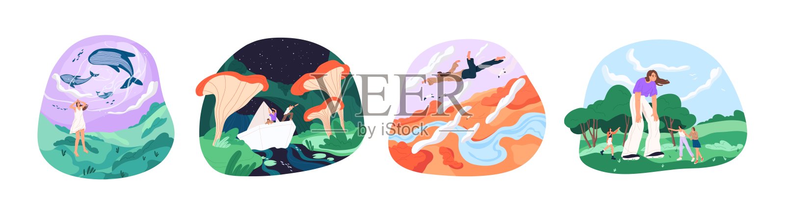 一组夜晚的梦。人在幻想中是巨人或在天空中飞翔。神奇的鲸鱼在梦想家的想象中飞翔。神秘，小说梦游仙境。平面矢量插图隔离在白色插画图片素材