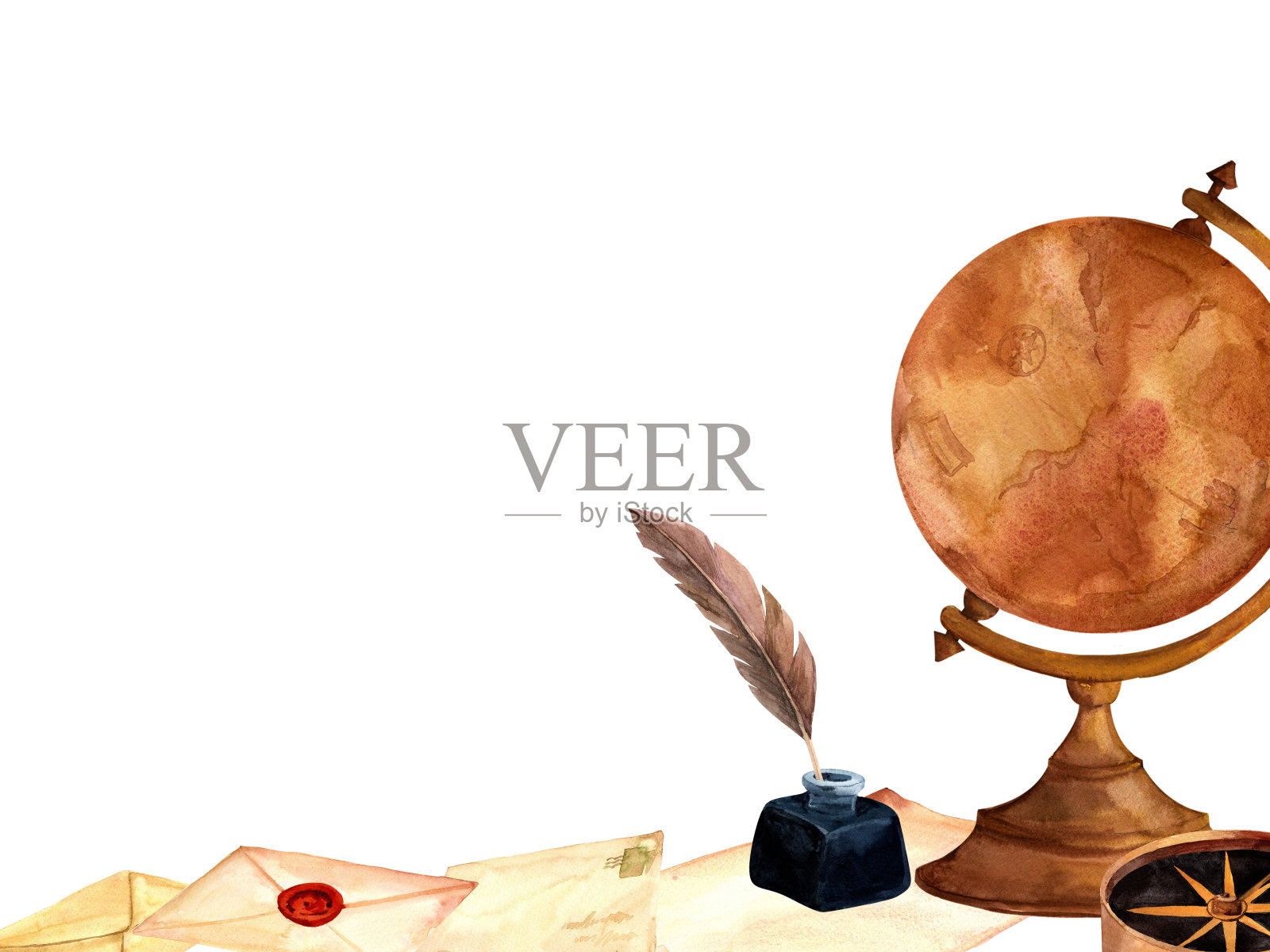 复古写作用品，墨水，信件，信封，古董地球仪和指南针水彩手绘组成印刷在卡片，请柬，横幅，模板，包装和产品标签插画图片素材