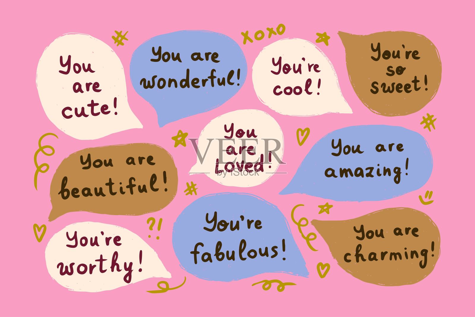 一套充满赞美和积极的自我对话的演讲。鼓励可爱的肯定。手写的矢量赞美。插画图片素材