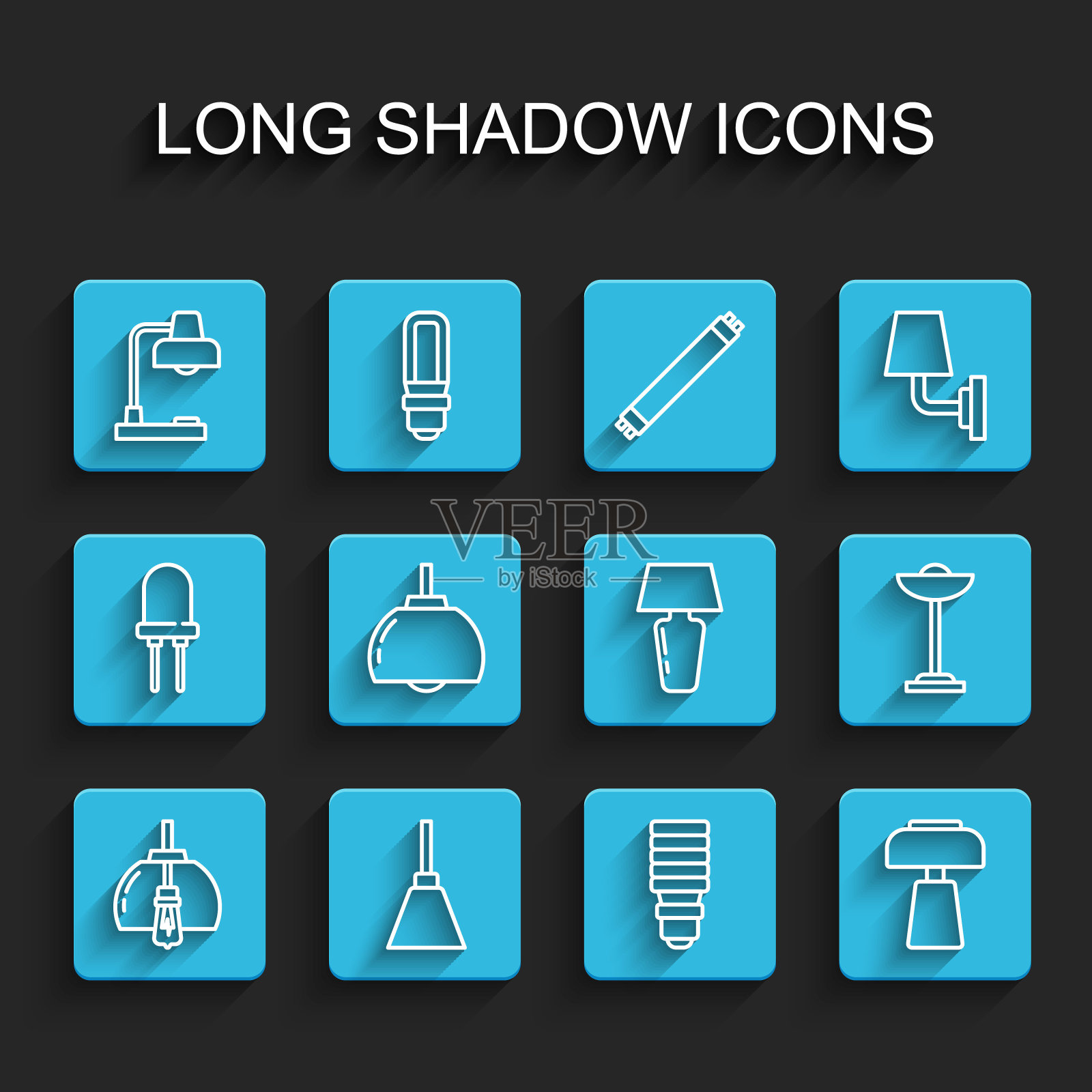 集线吊灯，台灯，LED灯泡，地板和图标。向量插画图片素材