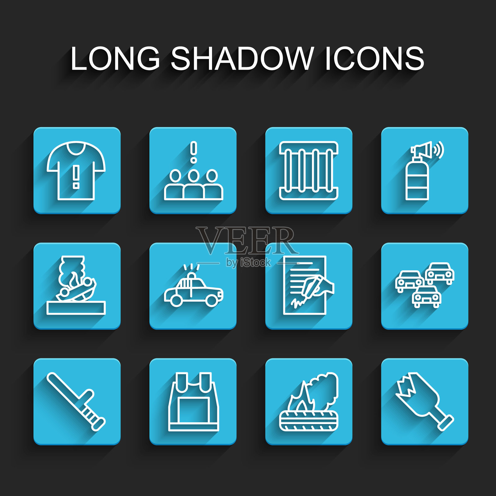 警察橡皮警棍，防弹背心，t恤抗议，躺着燃烧的轮胎，破碎的瓶子作为武器，汽车和闪光灯，交通堵塞和请愿图标。向量插画图片素材