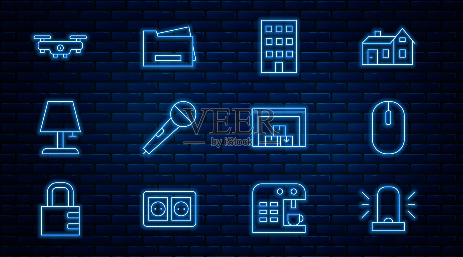 设置线闪光警报器，电脑鼠标，房子，麦克风，台灯，无人机飞行，仓库和打印机图标。向量插画图片素材