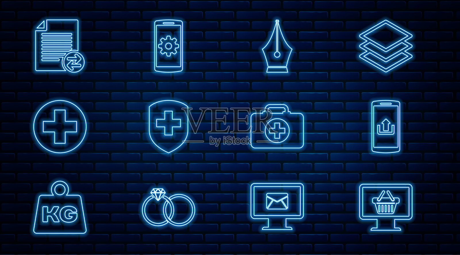 设置线监控购物篮，智能手机上传，钢笔笔尖，医疗盾交叉，圆圈，传输文件，急救箱和设置智能手机图标。向量插画图片素材