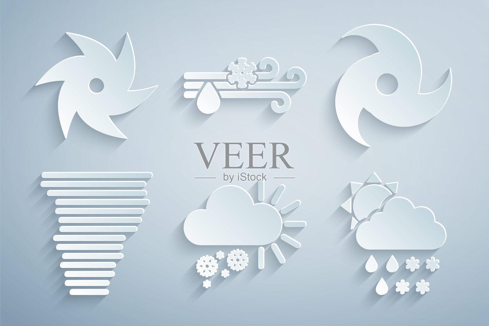 设置多云与雪，龙卷风，雨，太阳，风和图标。向量插画图片素材