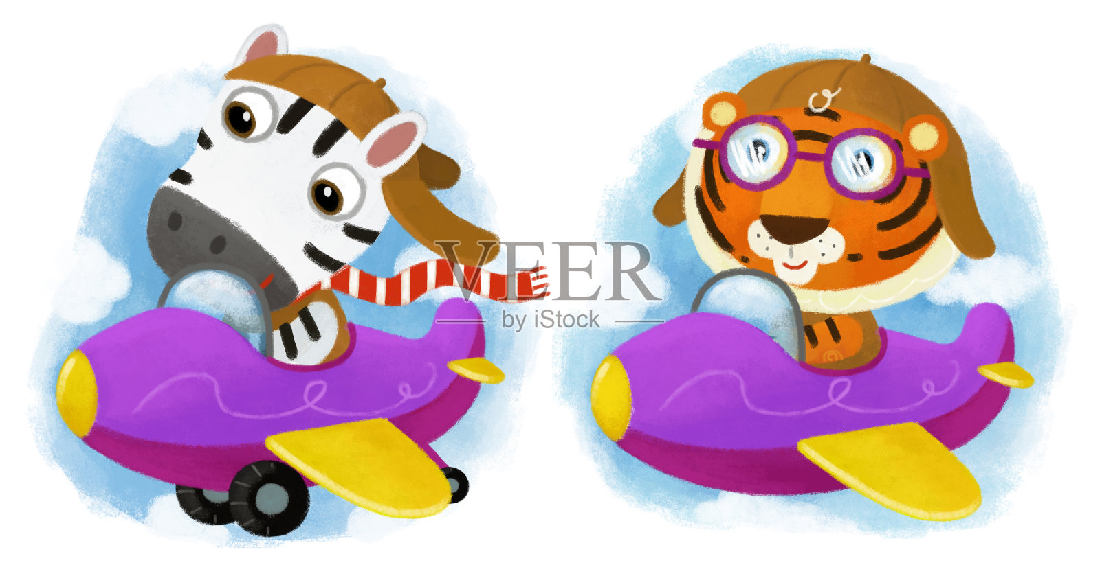 卡通场景与野生动物斑马马和虎猫做的事情像人在白色背景插图的孩子插画图片素材