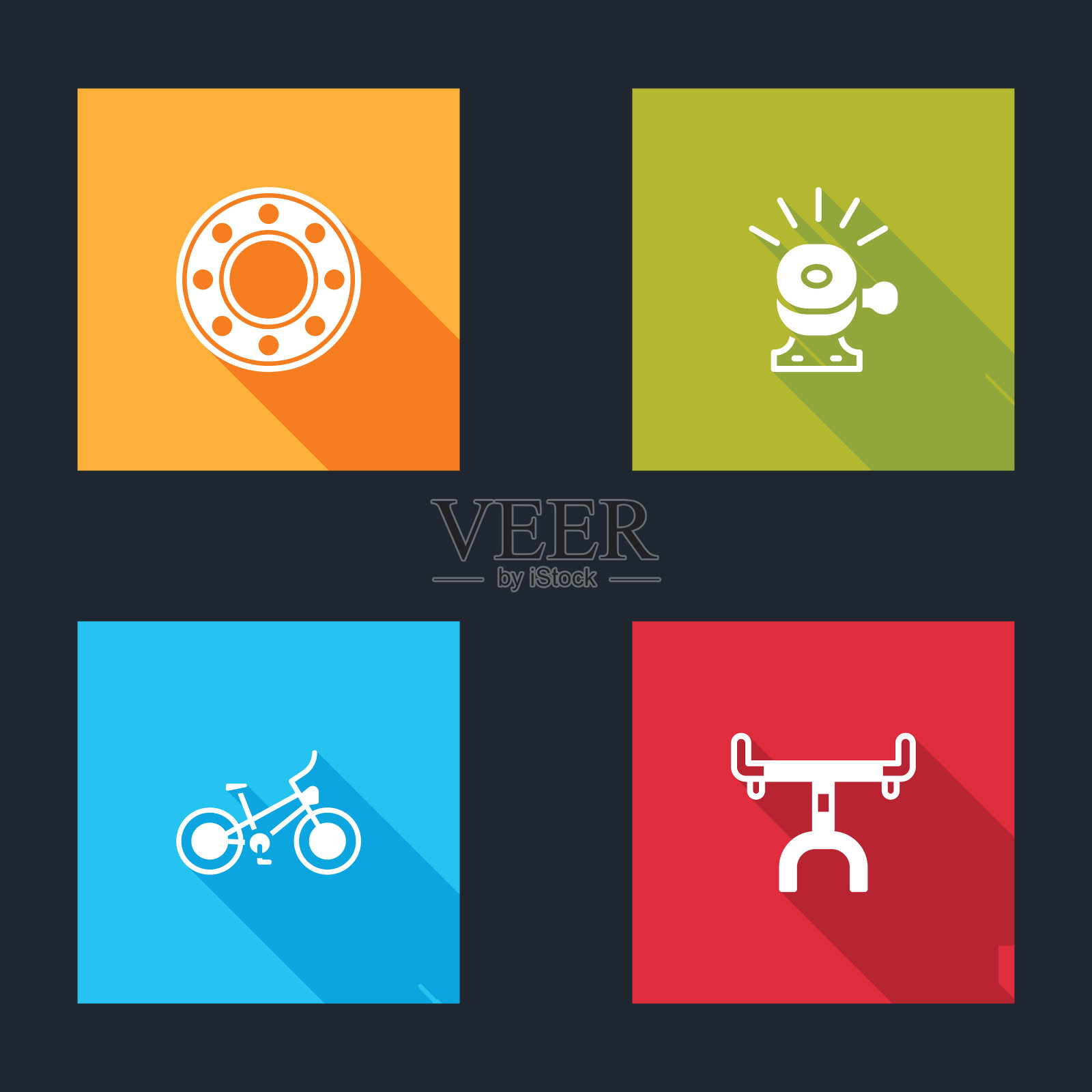 设置自行车滚珠轴承、车铃和车把图标。向量插画图片素材