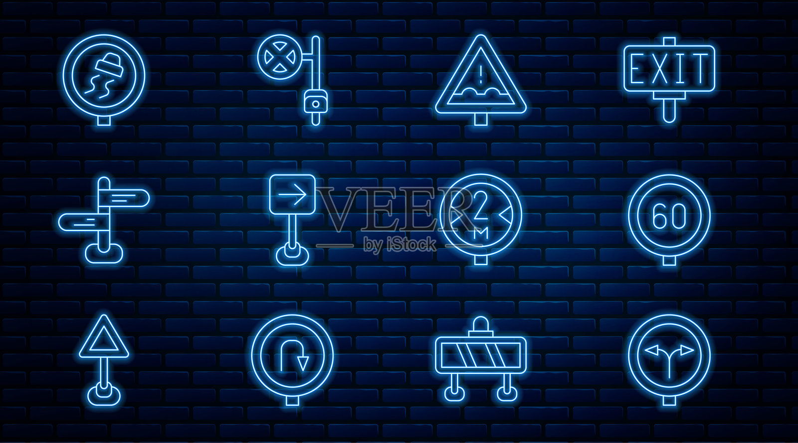 设置线岔路，限速交通，前方不均匀标志，交通右转，道路，滑，停止与相机图标。向量插画图片素材