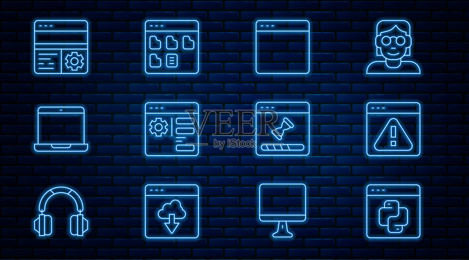 设置行Python编程语言，浏览器带感叹号，窗口，设置，笔记本电脑，调试，加载数据和文件图标。向量插画图片素材