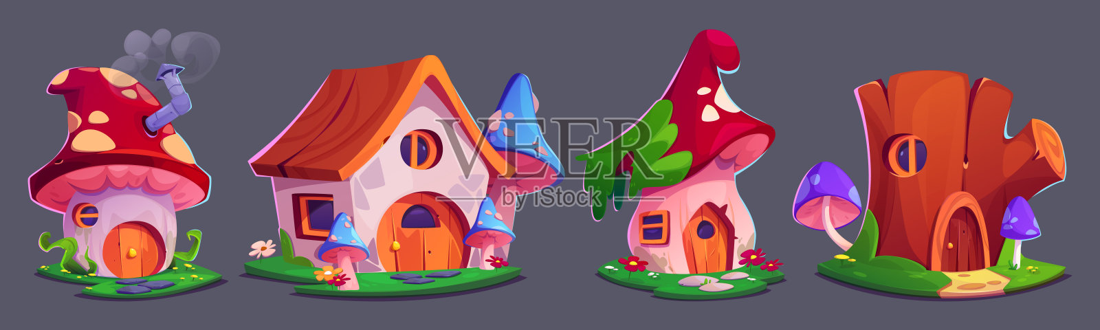 可爱的仙女蘑菇地精房子幻想向量插画图片素材