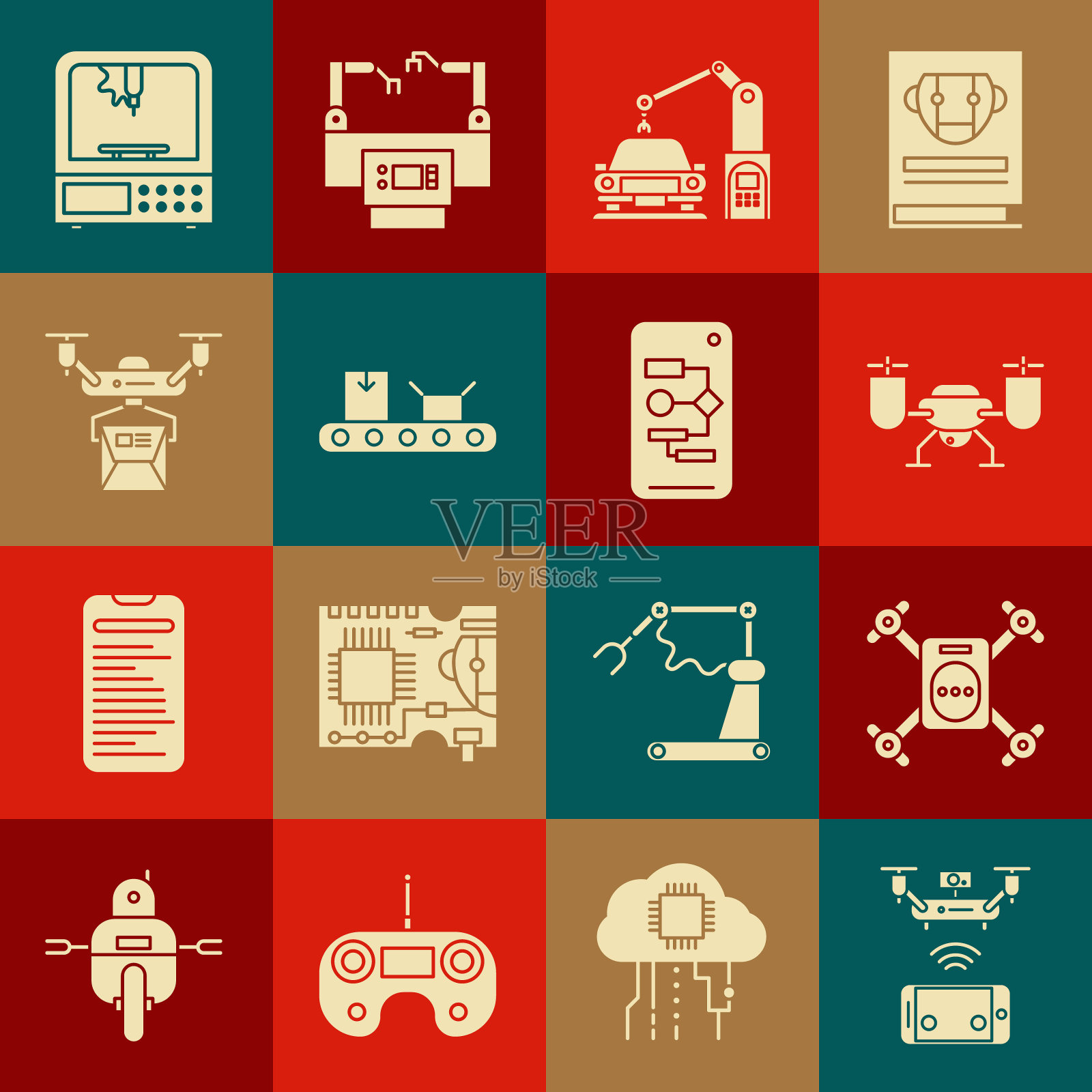 集遥控航拍无人机，带动作相机的无人机飞行，工业机器机器人手臂手，传送带纸箱，配送概念，3D打印机和算法图标。向量插画图片素材