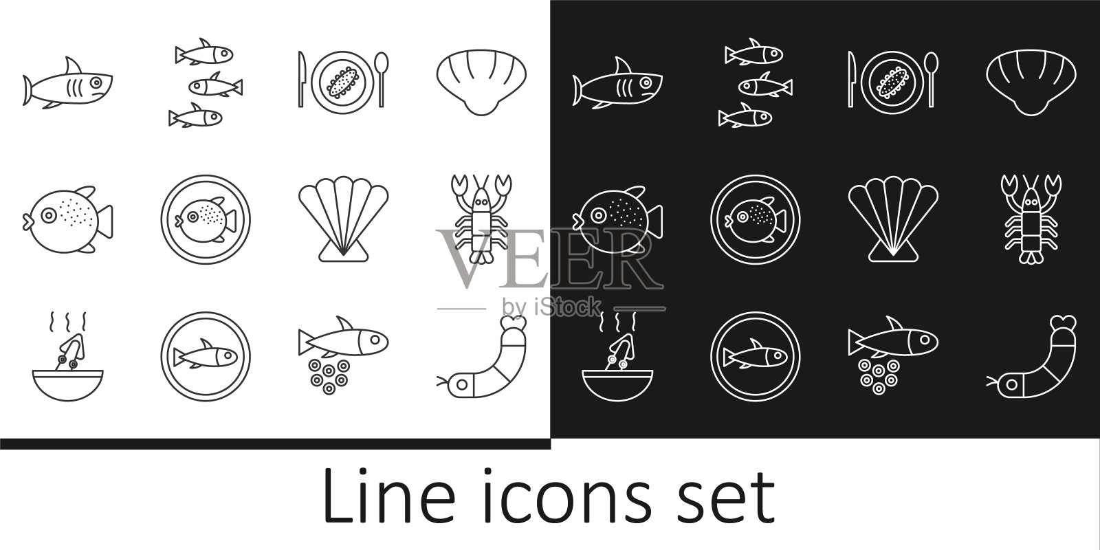 设置线虾，龙虾，在盘子上的黄瓜，河豚鱼，鲨鱼，扇贝海贝壳和鱼类图标。向量插画图片素材