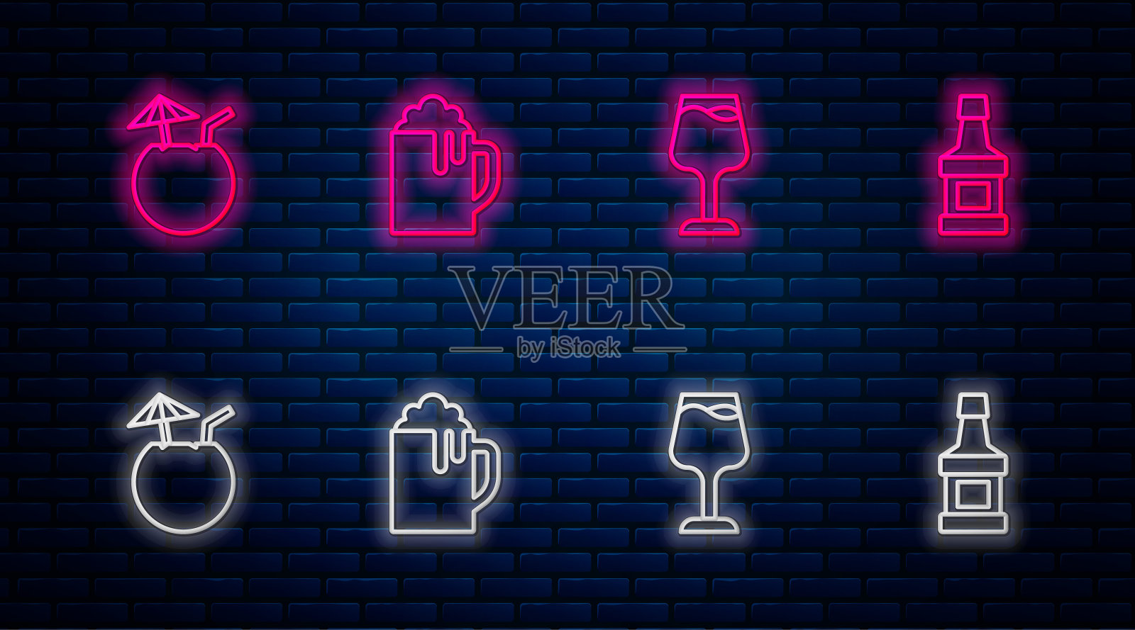 设置线木制啤酒杯，葡萄酒杯，椰子鸡尾酒和威士忌酒瓶。砖墙上发光的霓虹灯图标。向量插画图片素材