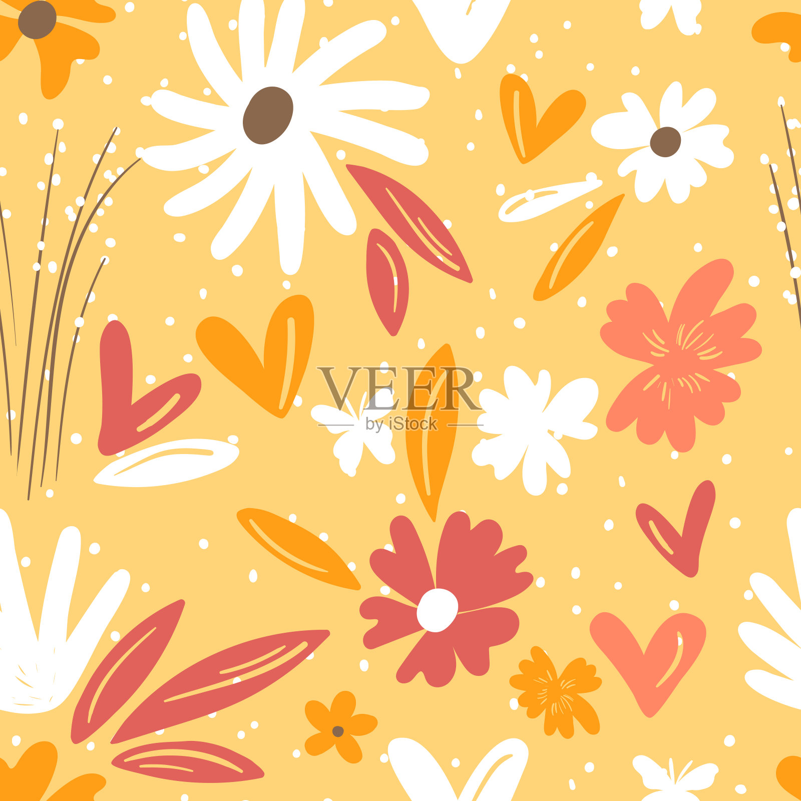 基于传统民间艺术装饰的无缝花卉图案。彩色背景上的彩色花朵。北欧风格。瑞典北欧风格。矢量插图。简单简约的图案插画图片素材