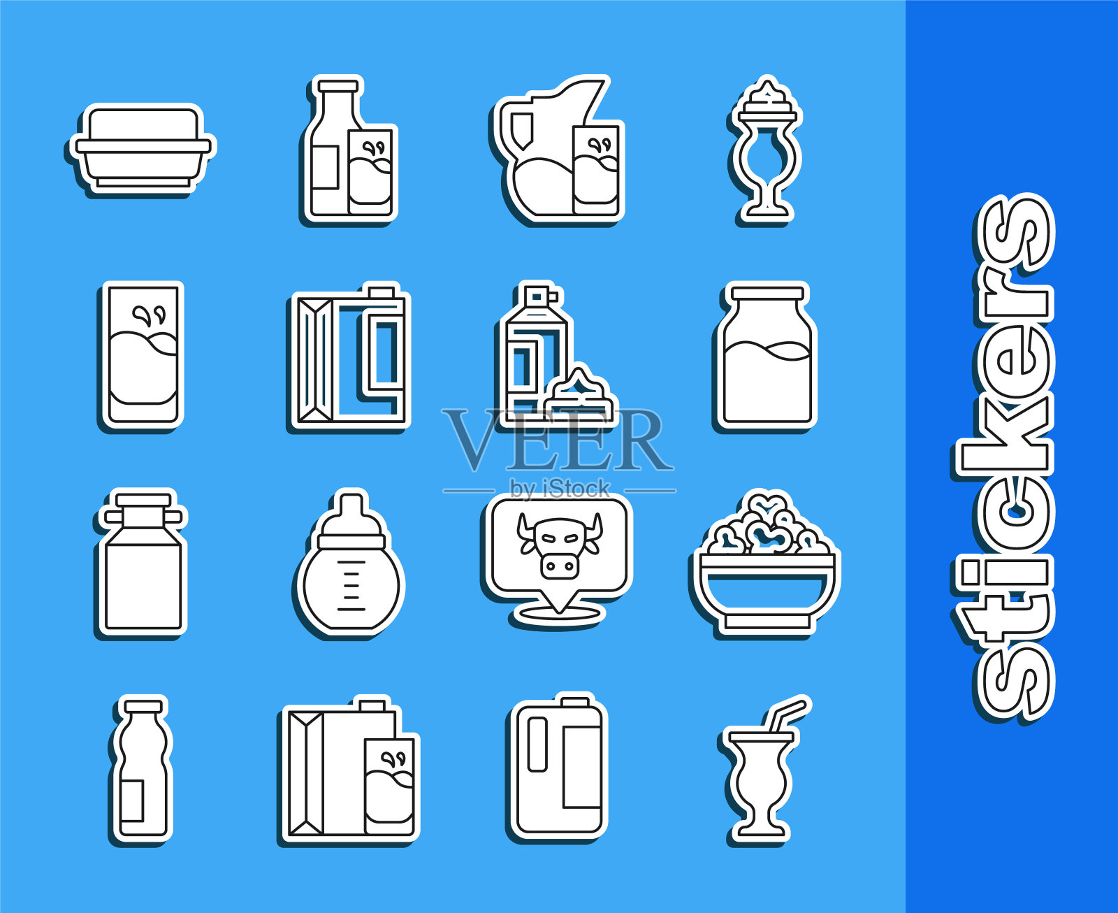 设置线奶昔，白干酪，牛奶瓶，壶或水罐和玻璃，纸包装开菲尔，玻璃，黄油在黄油盘和鲜奶油瓶图标。向量插画图片素材