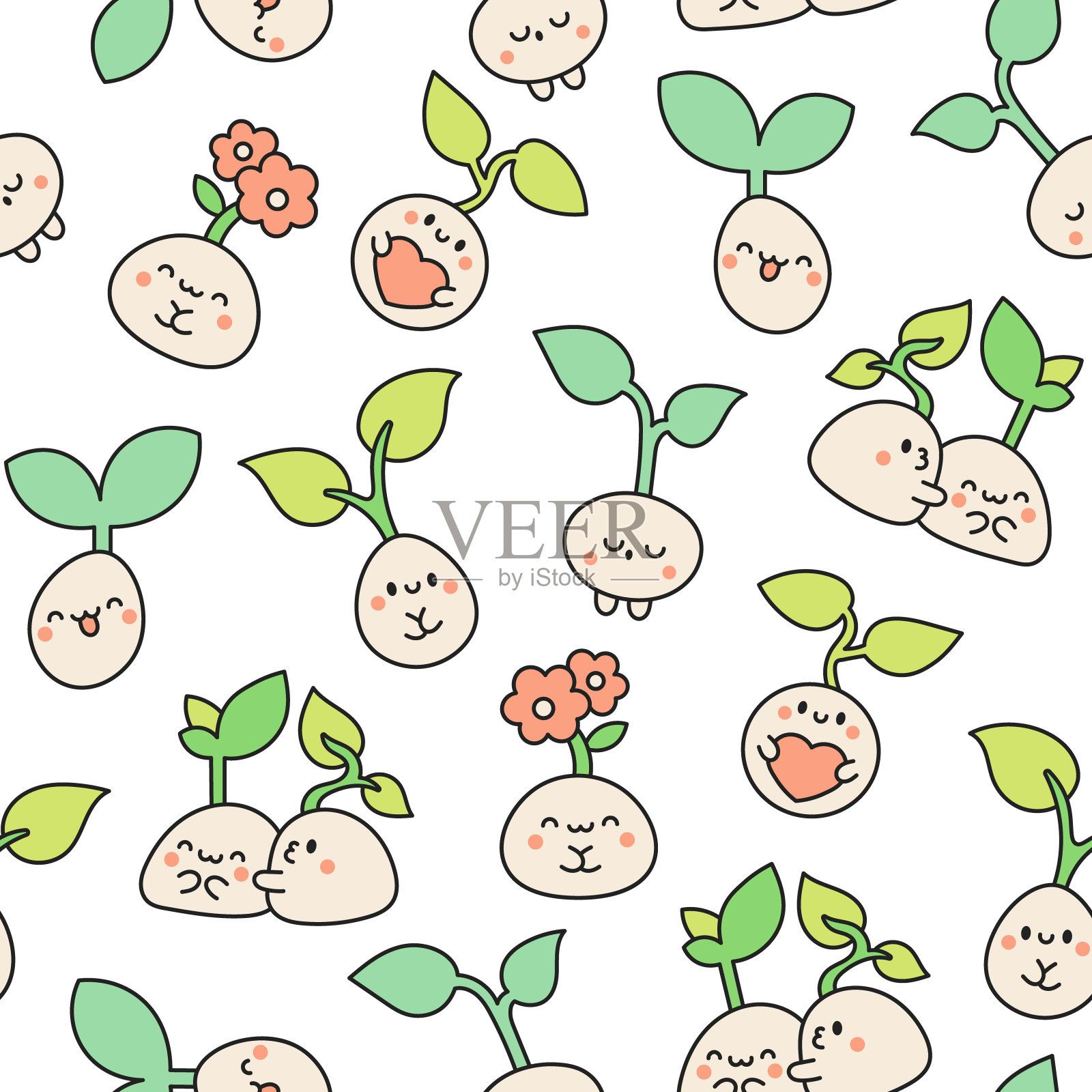 可爱的卡哇伊籽和根。无缝模式。豆芽。卡通植物园艺人物。手绘风格。矢量图。设计的饰品。插画图片素材
