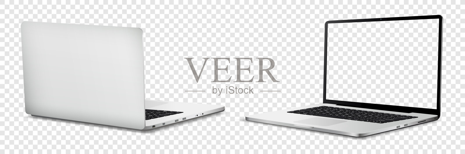 笔记本电脑的正面和背面的模型与透明的背景上的透明屏幕插画图片素材