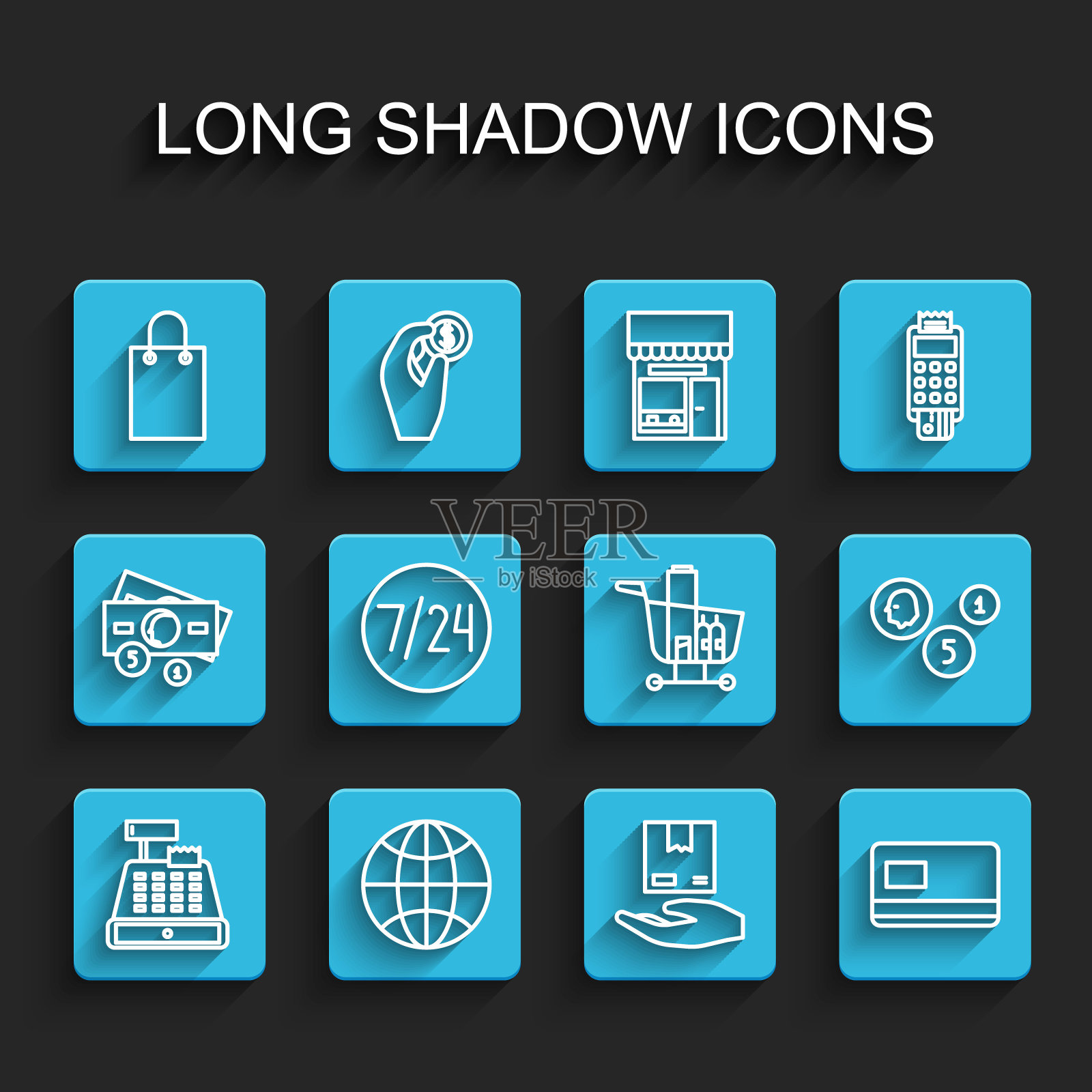 设置线收款机，全球，纸质购物袋，送货手与盒子，信用卡，时钟24小时，硬币货币和购物车食品图标。向量插画图片素材