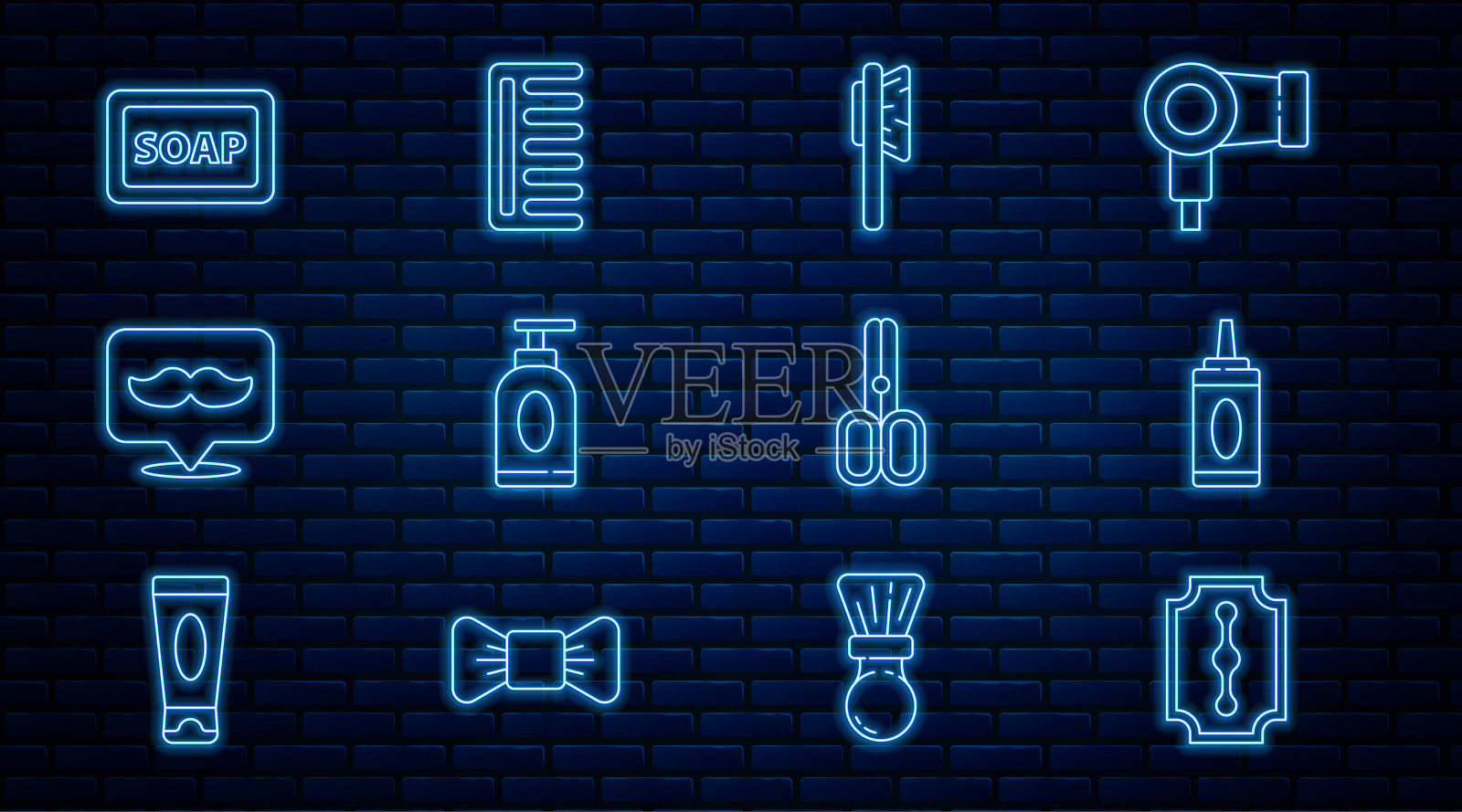 设线刀片剃须刀，瓶装洗发水，发刷，乳霜乳液化妆品管，理发店，肥皂泡沫，剪刀理发师和图标。向量插画图片素材