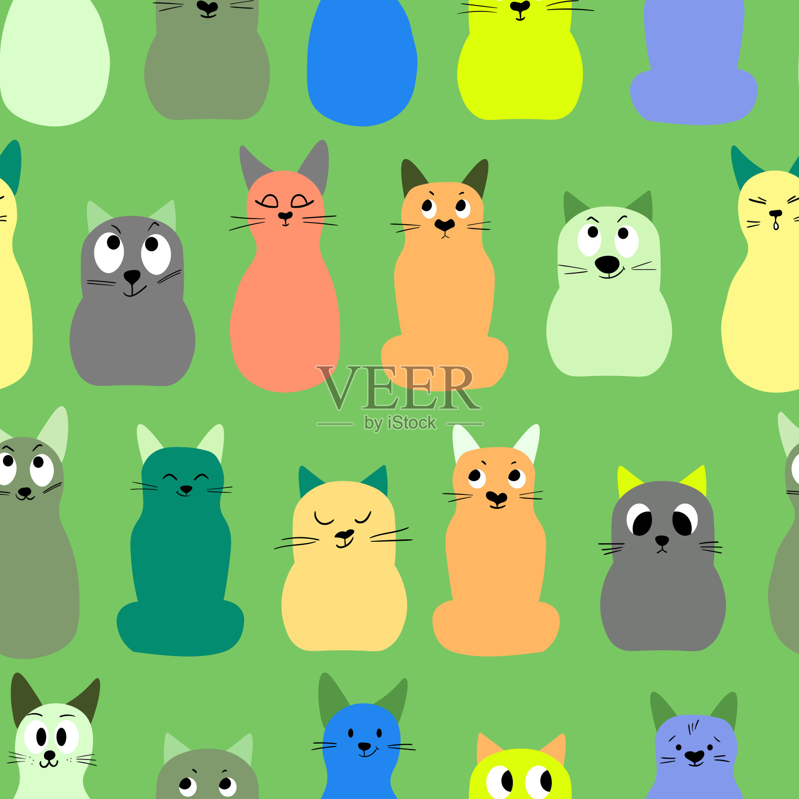 无缝图案与可爱的小猫印花。颜色背景上不同的猫。北欧风格的儿童插画。织物，纺织品，壁纸，家居服，睡衣的矢量插图插画图片素材