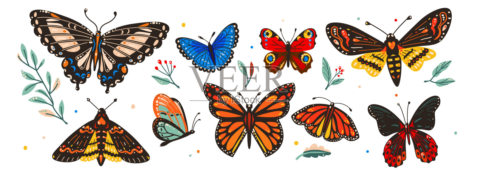 蝴蝶矢量插图集。美丽的热带飞蛾孤立在白色背景。飞行可爱的昆虫与彩色翅膀在扁平时尚的风格插画图片素材