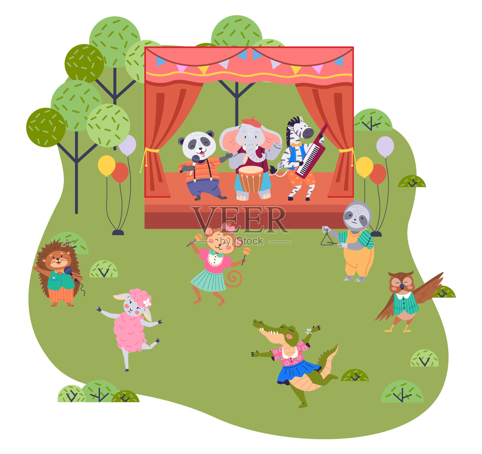 动物乐队。与野生动物音乐会一起庆祝大自然的节奏，心脏动物园的音乐盛宴插画图片素材