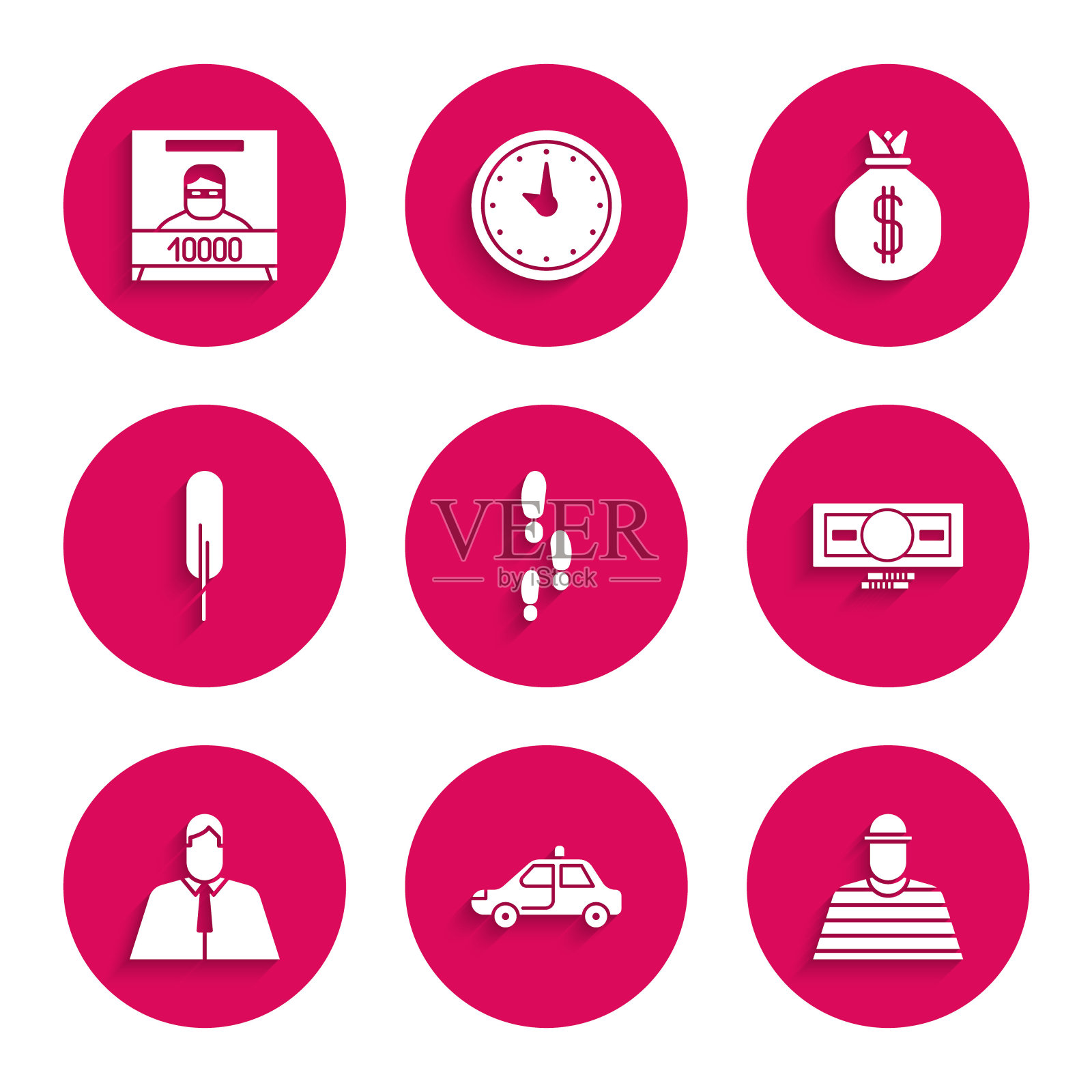 设置脚步，警车和闪光灯，囚犯，堆栈纸币现金，律师，律师，法学家，羽毛笔，钱袋和通缉海报图标。向量插画图片素材