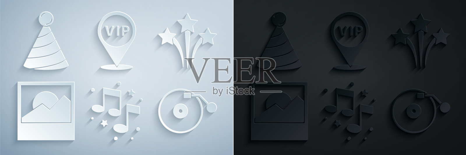 设置音乐笔记，音调，烟花，照片，黑胶播放器与磁盘，位置Vip和派对帽子图标。向量插画图片素材