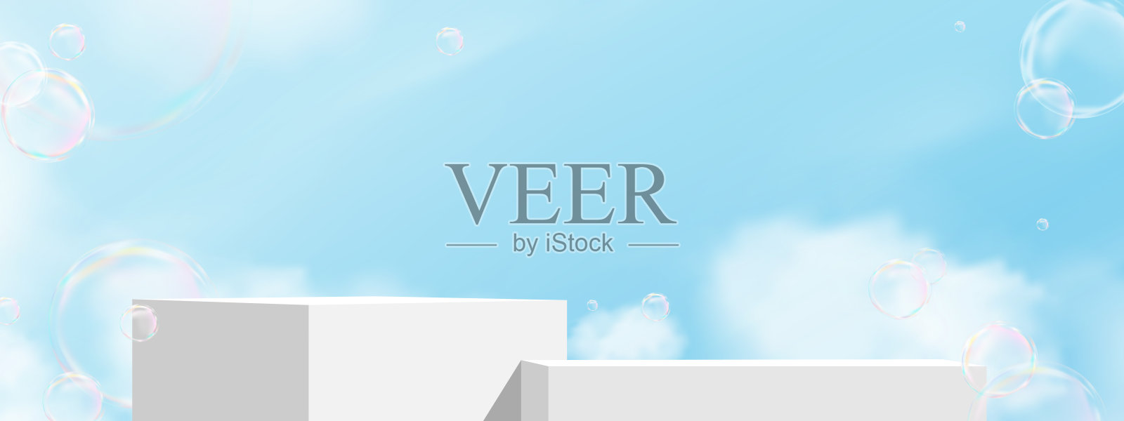 天蓝，云的背景，白色的讲台平台与3d彩虹气泡，矢量最小显示与肥皂泡沫球或洗发水夏季，春季产品演示，网页横幅设计插画图片素材
