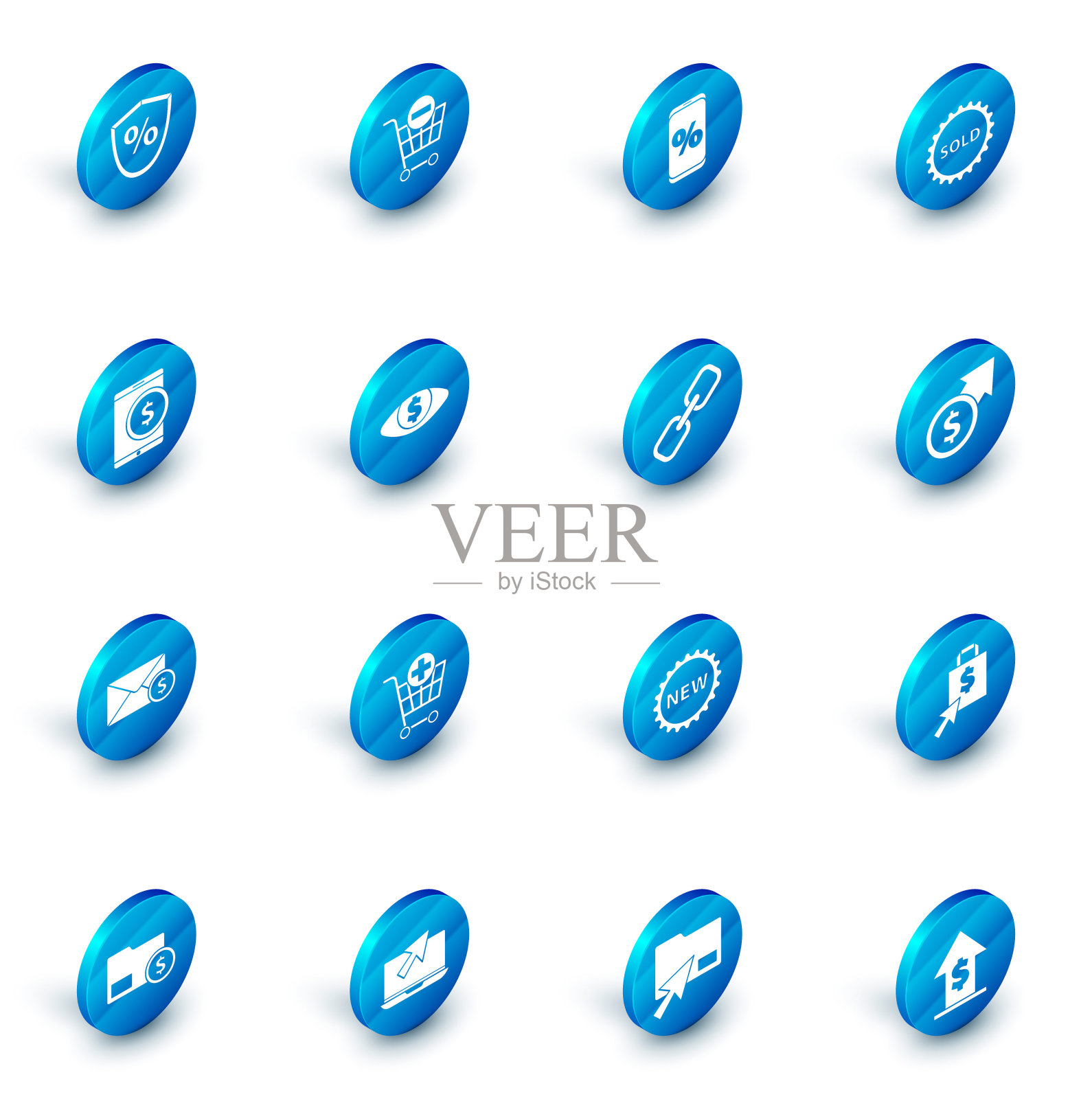 设置删除购物车，折扣百分比和移动，售出标签，平板电脑与美元，信封硬币，眼睛，财务增长和链接图标。向量插画图片素材