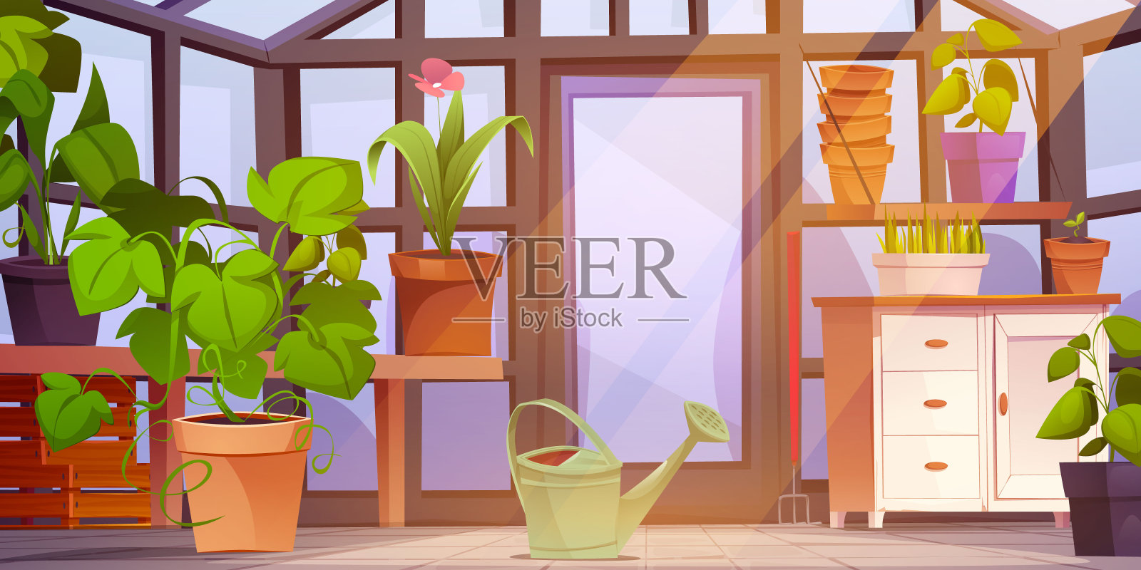 温室内部有家具和植物插画图片素材