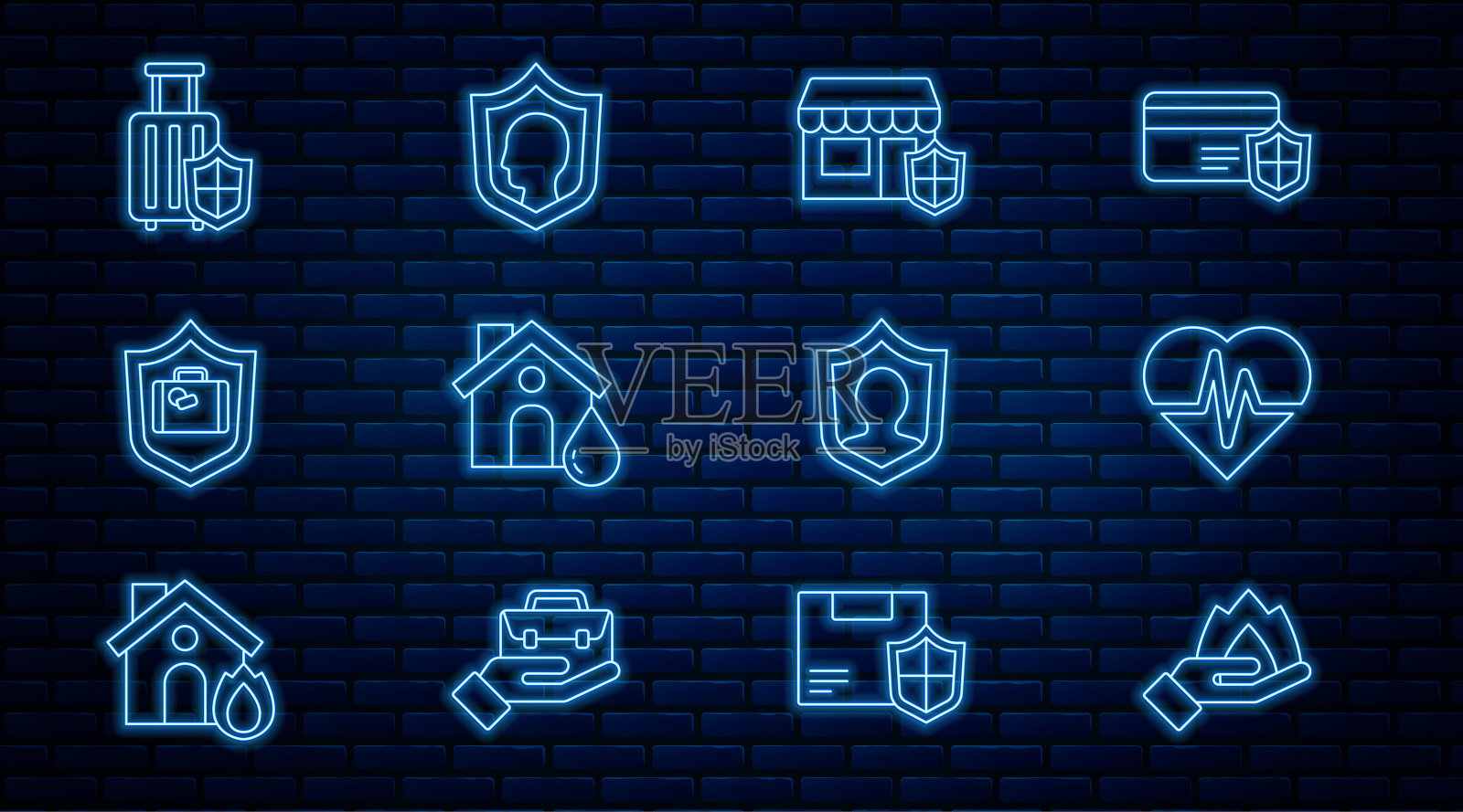 设线手握火，健康保险，购物大楼与盾牌，房子洪水，旅行箱，生活和图标。向量插画图片素材