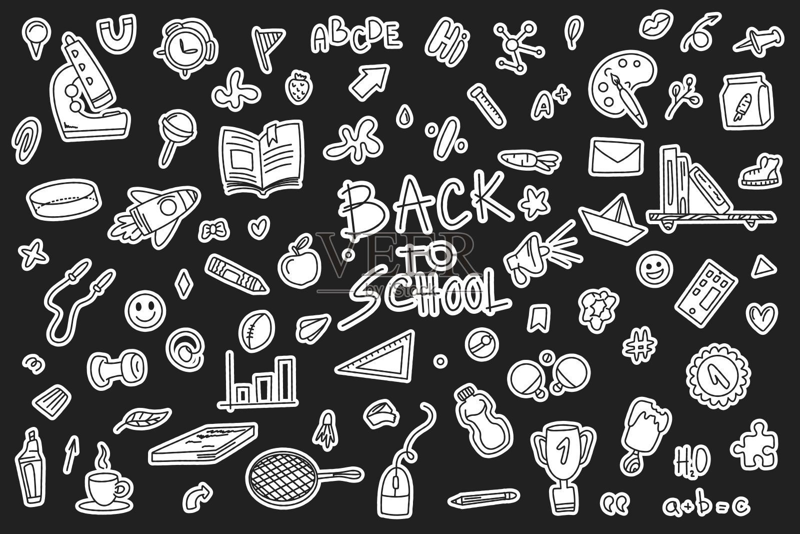 一套黑色背景的返校涂鸦贴纸。矢量图形与元素的学生的配件。线性手绘插图插画图片素材