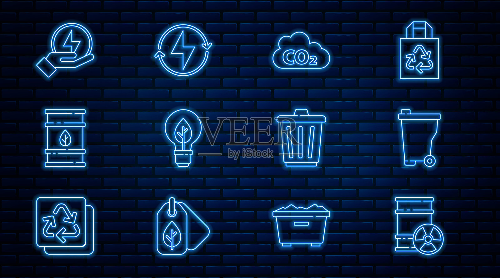 设线放射性废物桶，垃圾桶，二氧化碳排放云，灯泡与叶，生物燃料，闪电，和图标。向量插画图片素材