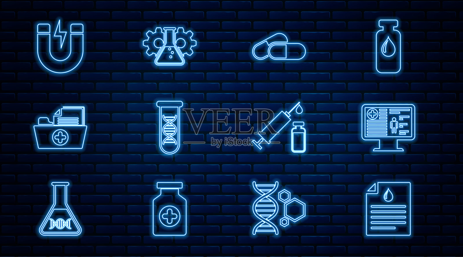 设置线剪贴板与血液测试，临床记录在监视器上，药物药片，DNA研究，搜索，健康文件夹，磁铁闪电，医疗注射器和小瓶和生物工程图标。向量插画图片素材