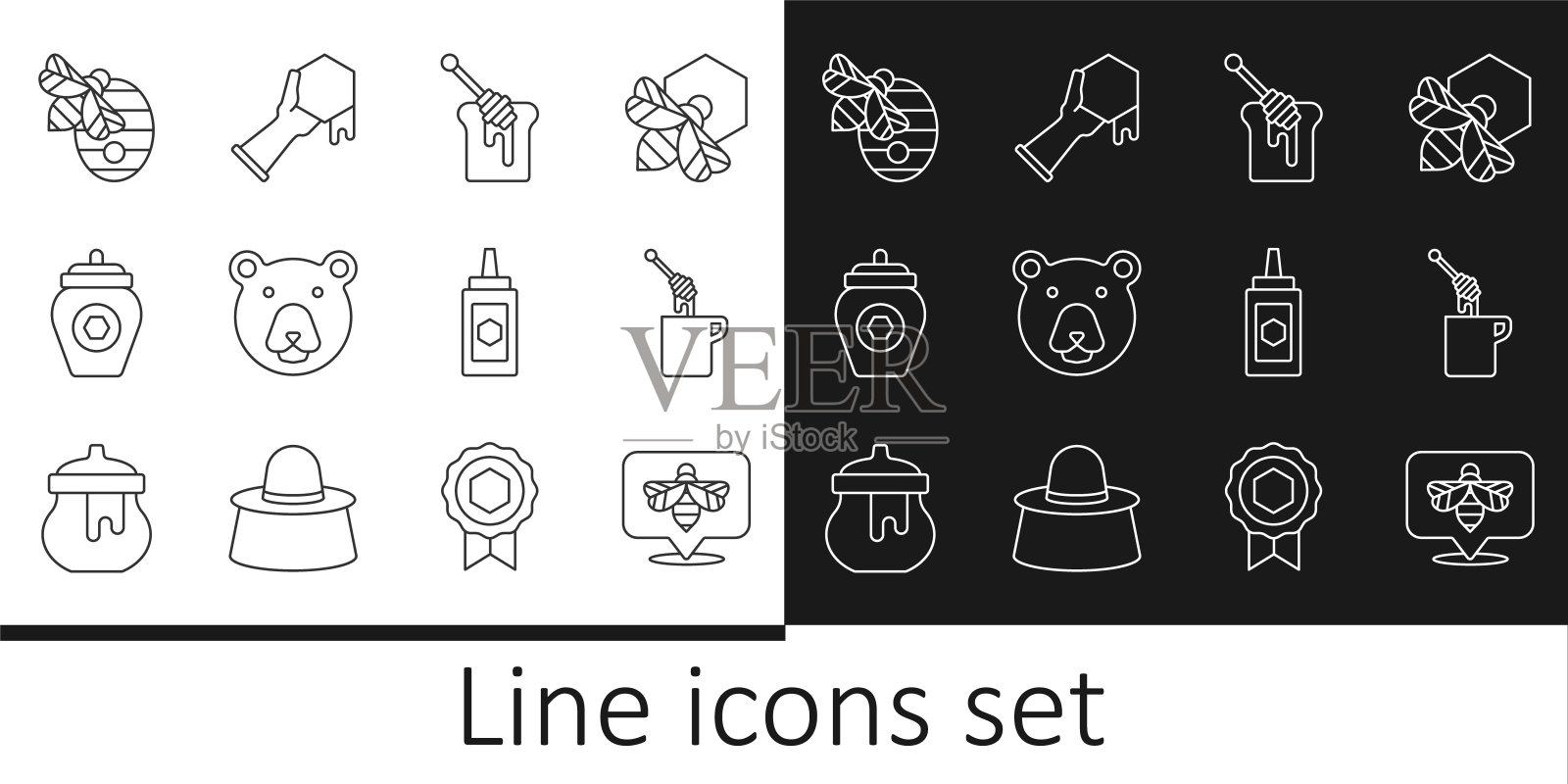 设置线蜜蜂，蜂蜜蘸棒与蜂蜜，熊头，罐，蜂箱的蜜蜂，蜂窝和手的图标。向量插画图片素材