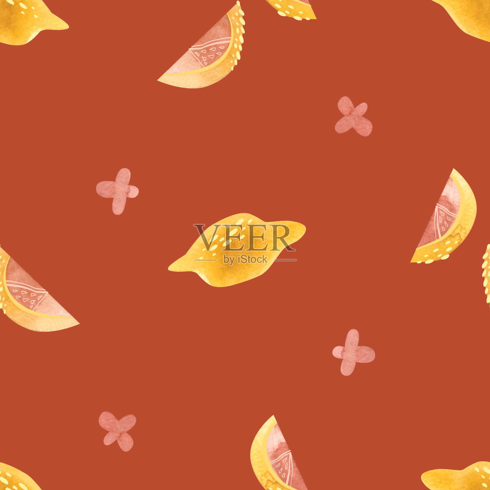 柠檬，柠檬片和粉红色的柠檬花。用于织物、墙纸、包装纸、包装化妆品、桌布、窗帘、家纺等的无缝水彩图案。插画图片素材