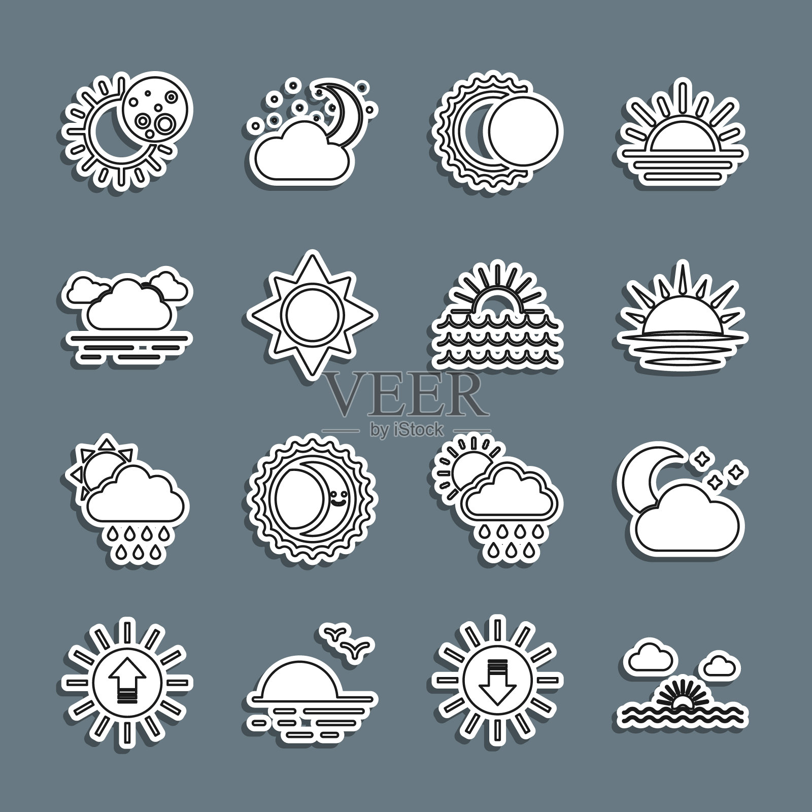 设置线日落，云与月亮和星星，日蚀，和图标。向量插画图片素材