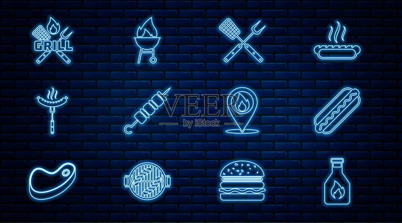 设置线番茄酱瓶，热狗三明治，十字叉刮刀，烤羊肉串，香肠上，位置有火焰和烧烤图标。向量插画图片素材