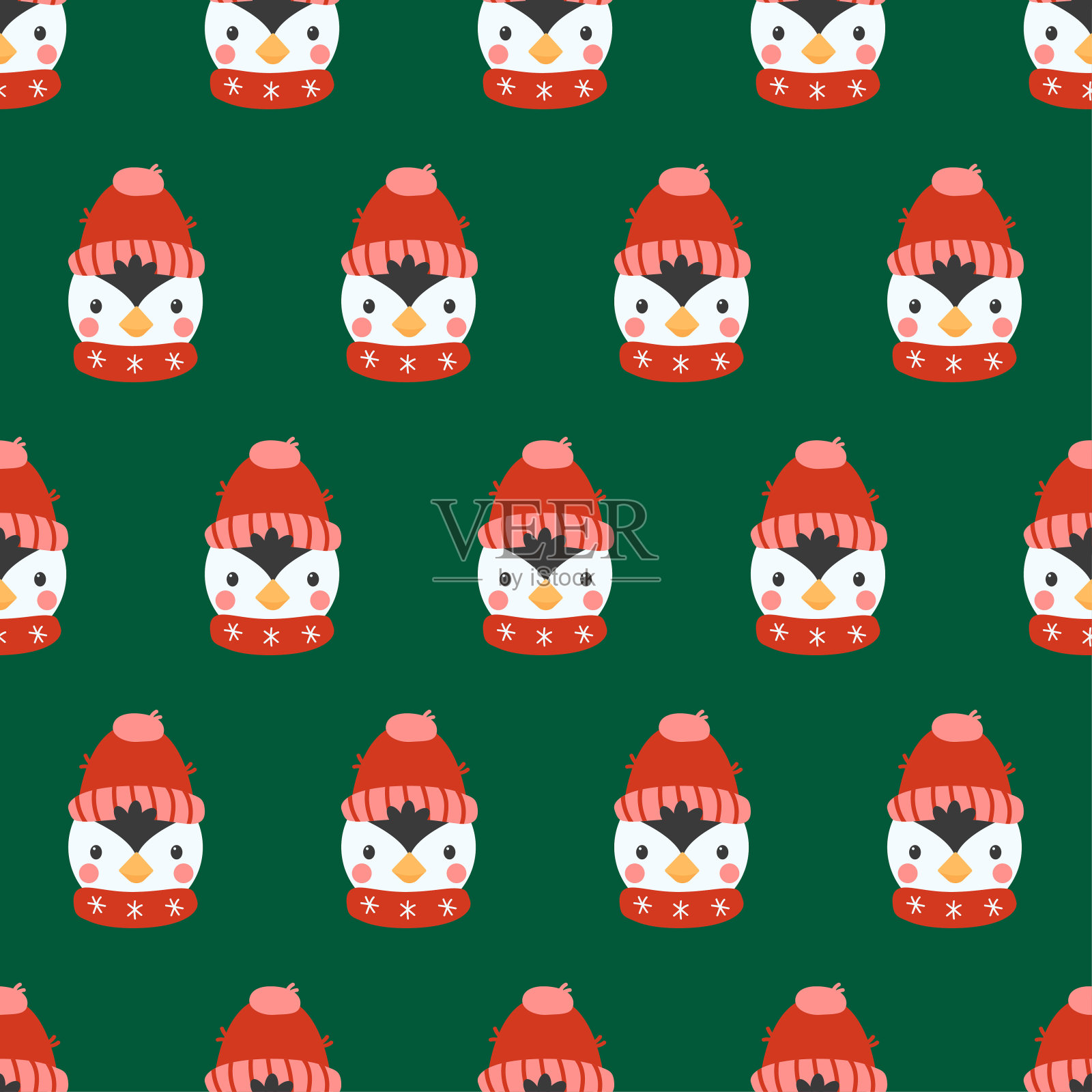 无缝图案可爱的企鹅在针织帽子和围巾插画图片素材