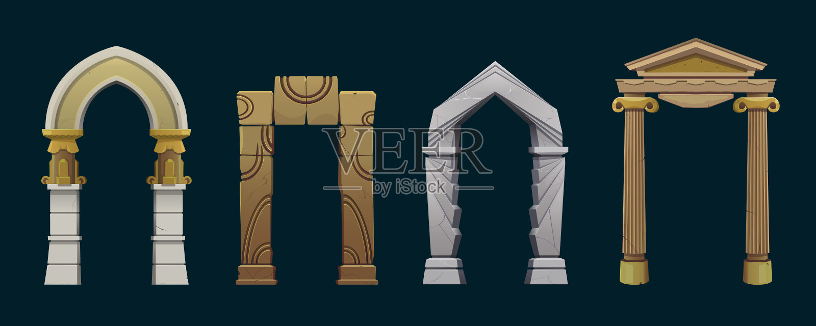 古代拱门与石柱，希腊或罗马，幻想卡通向量集。古老的建筑和废墟，阶梯式瀑布，古老的大门。刻有圆形图案的石头。插画图片素材