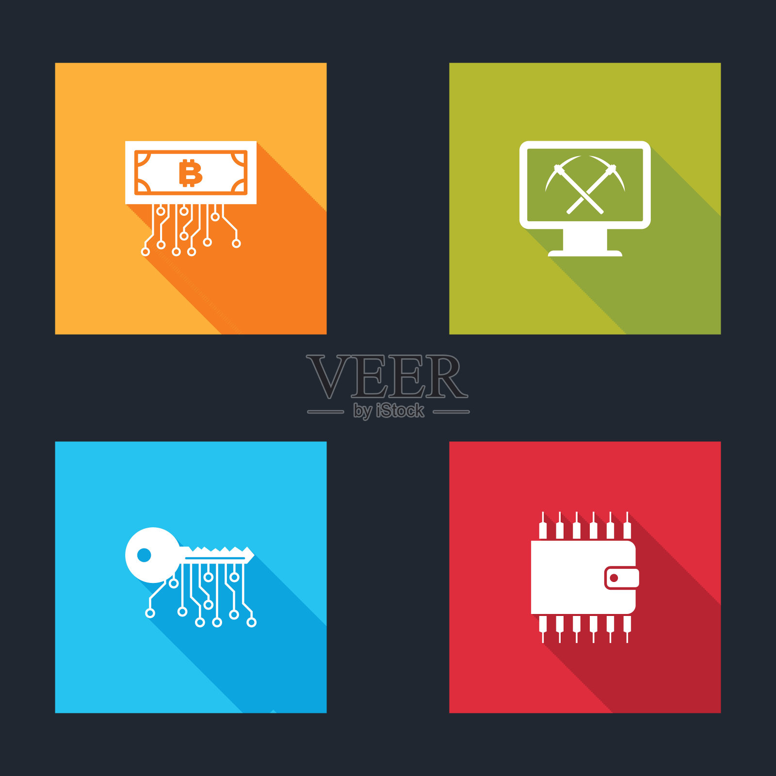 设置加密货币比特币与电路，采矿监视器和鹤嘴锄，钥匙和钱包图标。向量插画图片素材