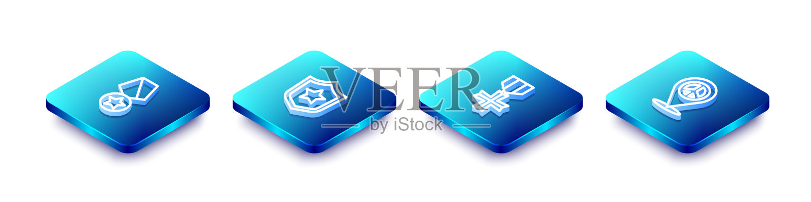 设置等距线军事奖励奖章，警察徽章，和位置和平图标。向量插画图片素材