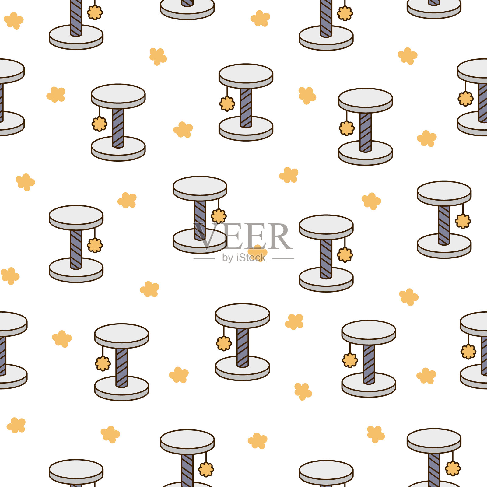 家猫的抓挠柱。无缝模式。凯蒂的房子和家具。兽医店的商品。手绘风格。矢量图。设计的饰品。插画图片素材