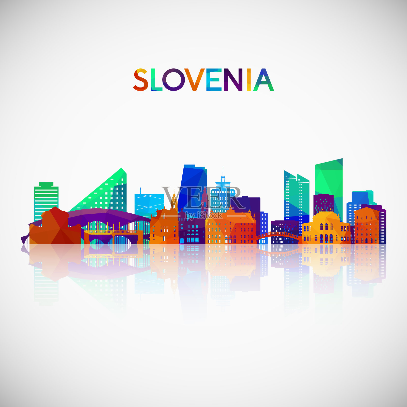 斯洛文尼亚天际线轮廓在彩色几何风格。符号为您的设计。矢量插图。插画图片素材