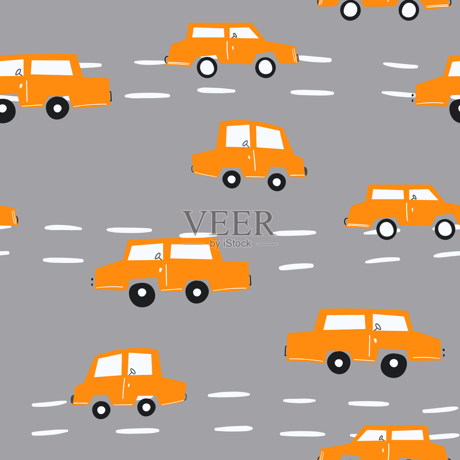 在彩色背景上与可爱的汽车无缝图案。Cartoot运输。矢量插图。涂鸦风格。设计婴儿印花，邀请，海报，卡片，织物，纺织品插画图片素材