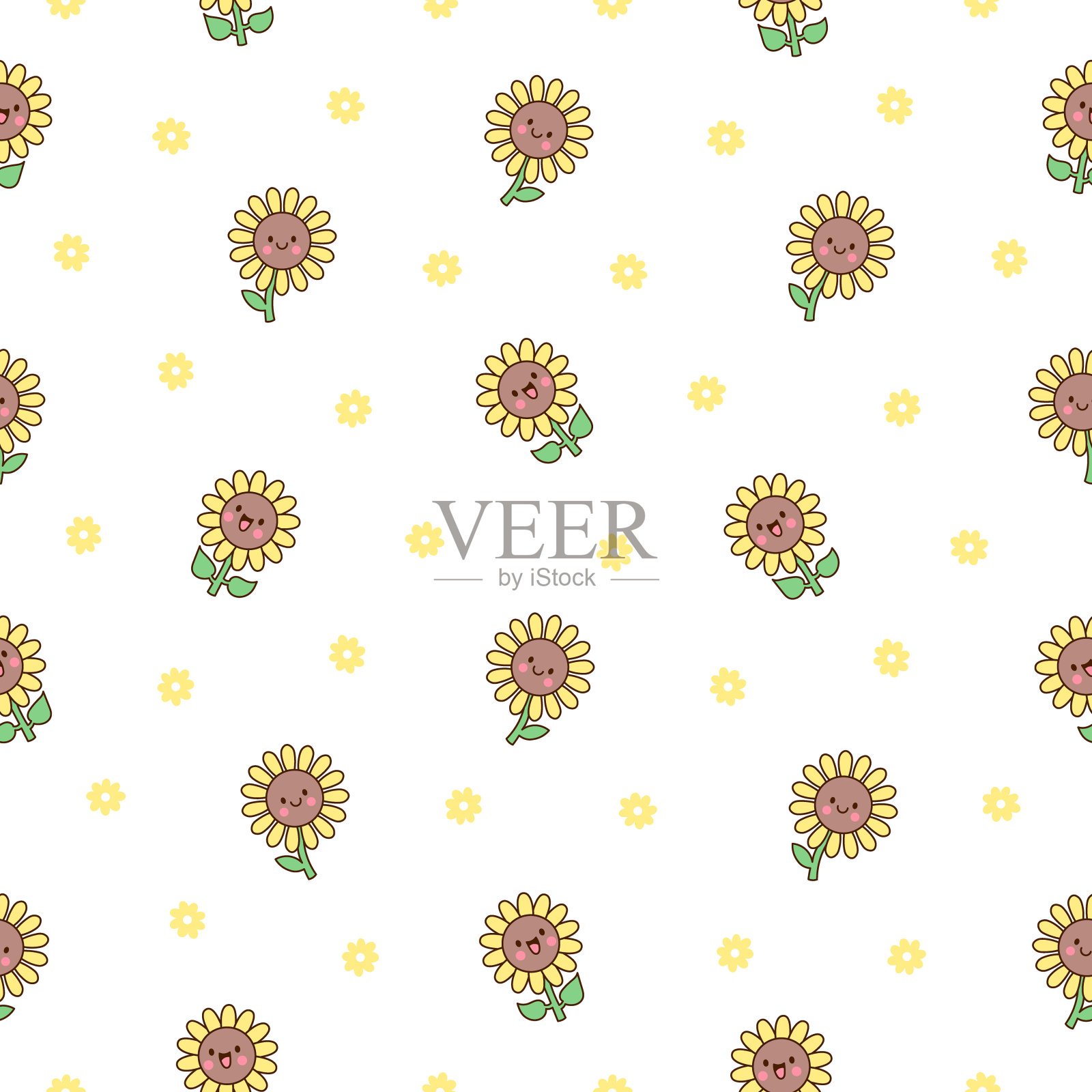 可爱的向日葵。无缝模式。卡通花朵人物带着快乐的微笑。手绘风格。矢量图。设计的饰品。插画图片素材